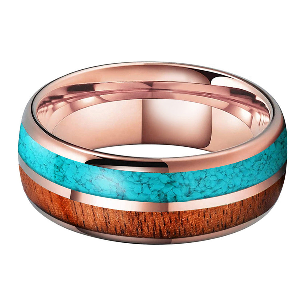 Heritage Architecture Ring - 8mm Rose Gold Tungsten Ring with Dual Inlays of Turquoise & Rosewood – Men's Wedding Band