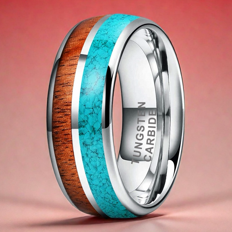 Heritage Architecture Ring - 8mm Platinum Tungsten Ring with Dual Inlays of Rosewood & Crushed Turquoise – Men's Wedding Band