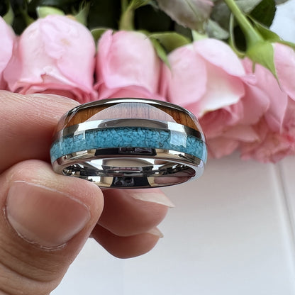 Heritage Architecture Ring - 8mm Platinum Tungsten Ring with Dual Inlays of Rosewood & Crushed Turquoise – Men's Wedding Band