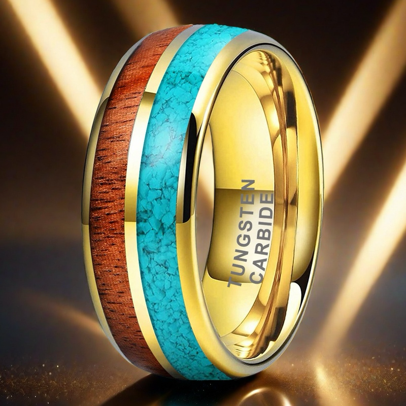 Heritage Architecture Ring - 8mm 18K Gold Tungsten Ring with Dual Inlays of Rosewood & Crushed Turquoise – Men's Wedding Band