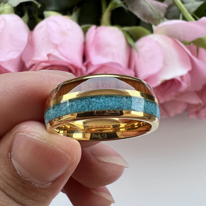 Heritage Architecture Ring - 8mm 18K Gold Tungsten Ring with Dual Inlays of Rosewood & Crushed Turquoise – Men's Wedding Band