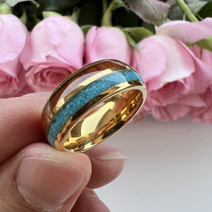 Heritage Architecture Ring - 8mm 18K Gold Tungsten Ring with Dual Inlays of Rosewood & Crushed Turquoise – Men's Wedding Band