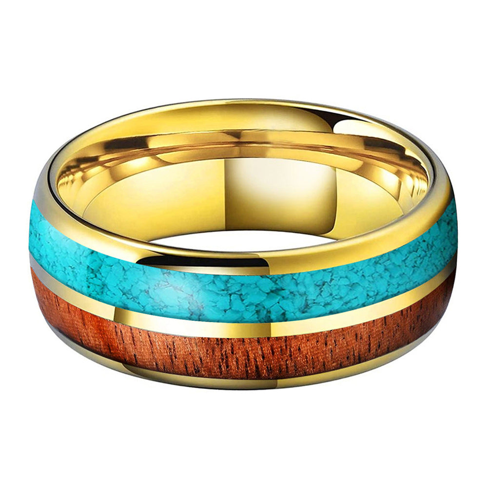 Heritage Architecture Ring - 8mm 18K Gold Tungsten Ring with Dual Inlays of Rosewood & Crushed Turquoise – Men's Wedding Band