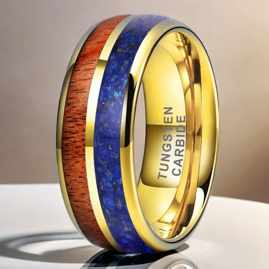 Heritage Architecture Ring - 8mm 18K Gold Tungsten Ring with Dual Grooves Inlay of Lapis Lazuli & Rosewood – Men's Wedding Band