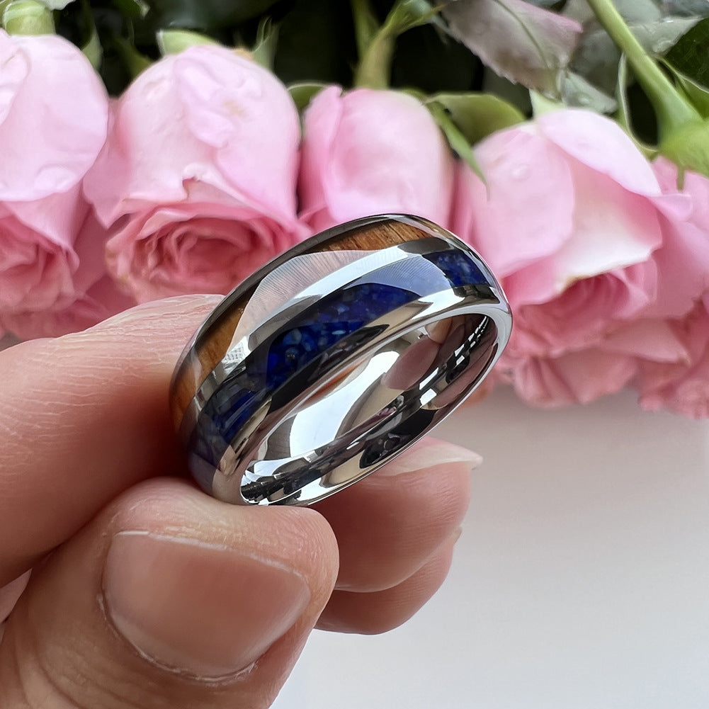 Heritage Architecture Ring - 8mm White Gold Tungsten Ring with Dual Grooves Inlay of Lapis Lazuli & Rosewood – Men's Wedding Band