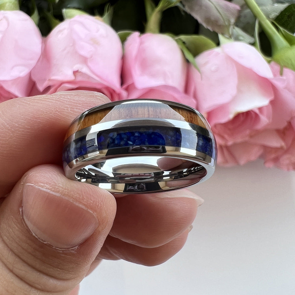 Heritage Architecture Ring - 8mm White Gold Tungsten Ring with Dual Grooves Inlay of Lapis Lazuli & Rosewood – Men's Wedding Band