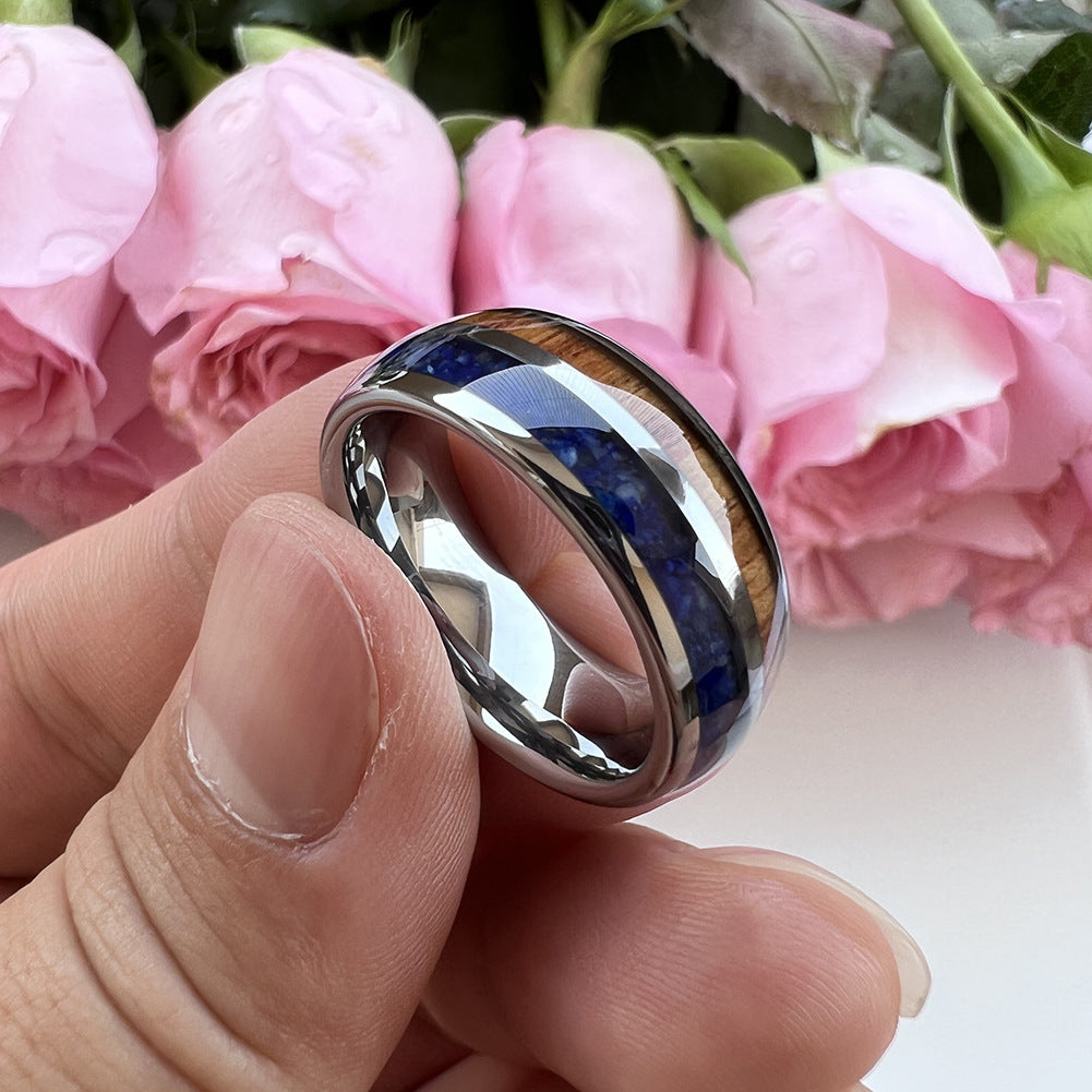 Heritage Architecture Ring - 8mm White Gold Tungsten Ring with Dual Grooves Inlay of Lapis Lazuli & Rosewood – Men's Wedding Band