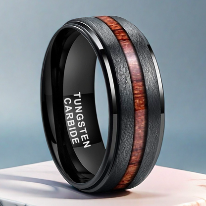 Heritage Architecture Ring - 8mm Black Tungsten Ring with Sandstone Finish & Rosewood Inlay – Men's Wedding Band