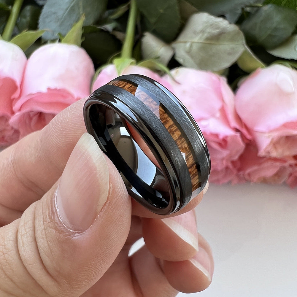 Heritage Architecture Ring - 8mm Black Tungsten Ring with Sandstone Finish & Rosewood Inlay – Men's Wedding Band