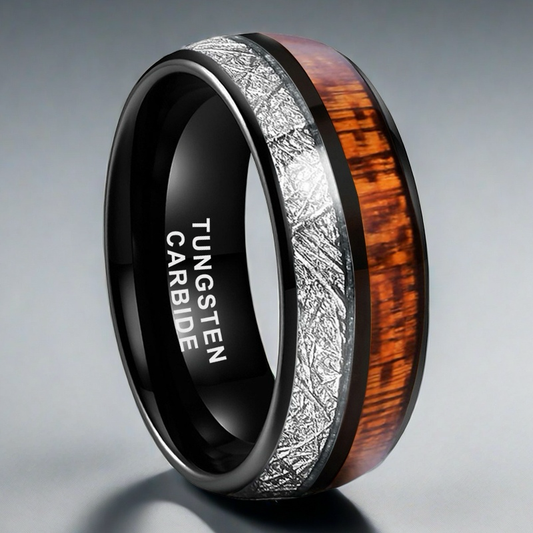 Heritage Architecture Ring - 8mm Black Tungsten Ring with Dual Silver Inlay & Rosewood Accent – Men's Wedding Band