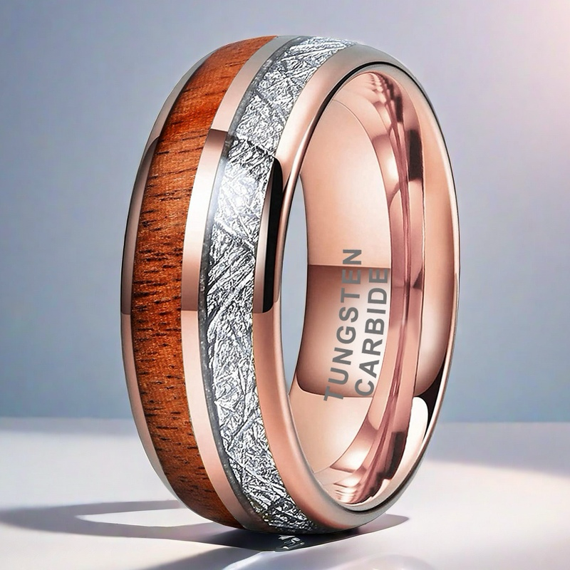 Heritage Architecture Ring - 8mm Rose Gold Tungsten Ring with Dual Silver Inlay & Rosewood – Men's Wedding Band