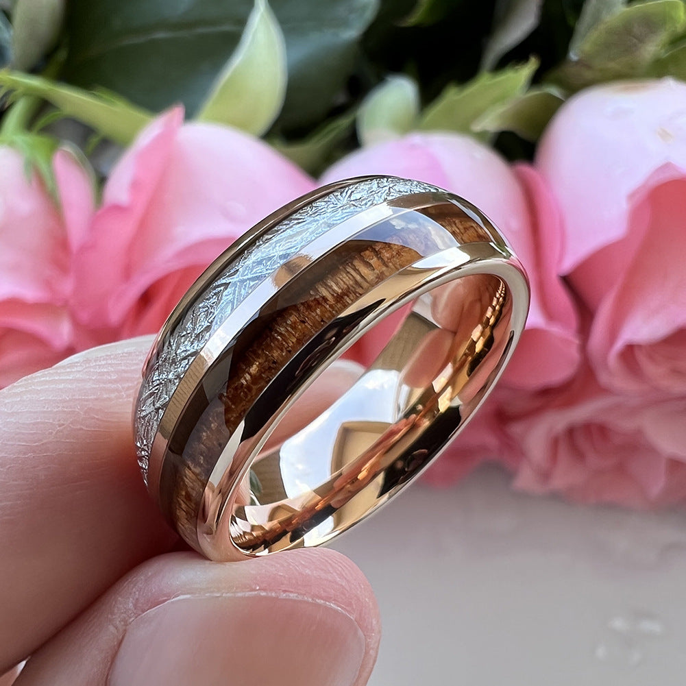 Heritage Architecture Ring - 8mm Rose Gold Tungsten Ring with Dual Silver Inlay & Rosewood – Men's Wedding Band