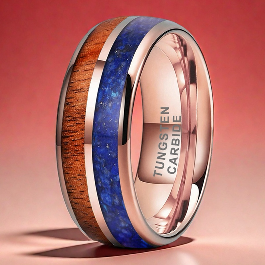 Heritage Architecture Ring - 8mm Rose Gold Tungsten Ring with Dual Grooves Inlay of Lapis Lazuli & Rosewood – Men's Wedding Band