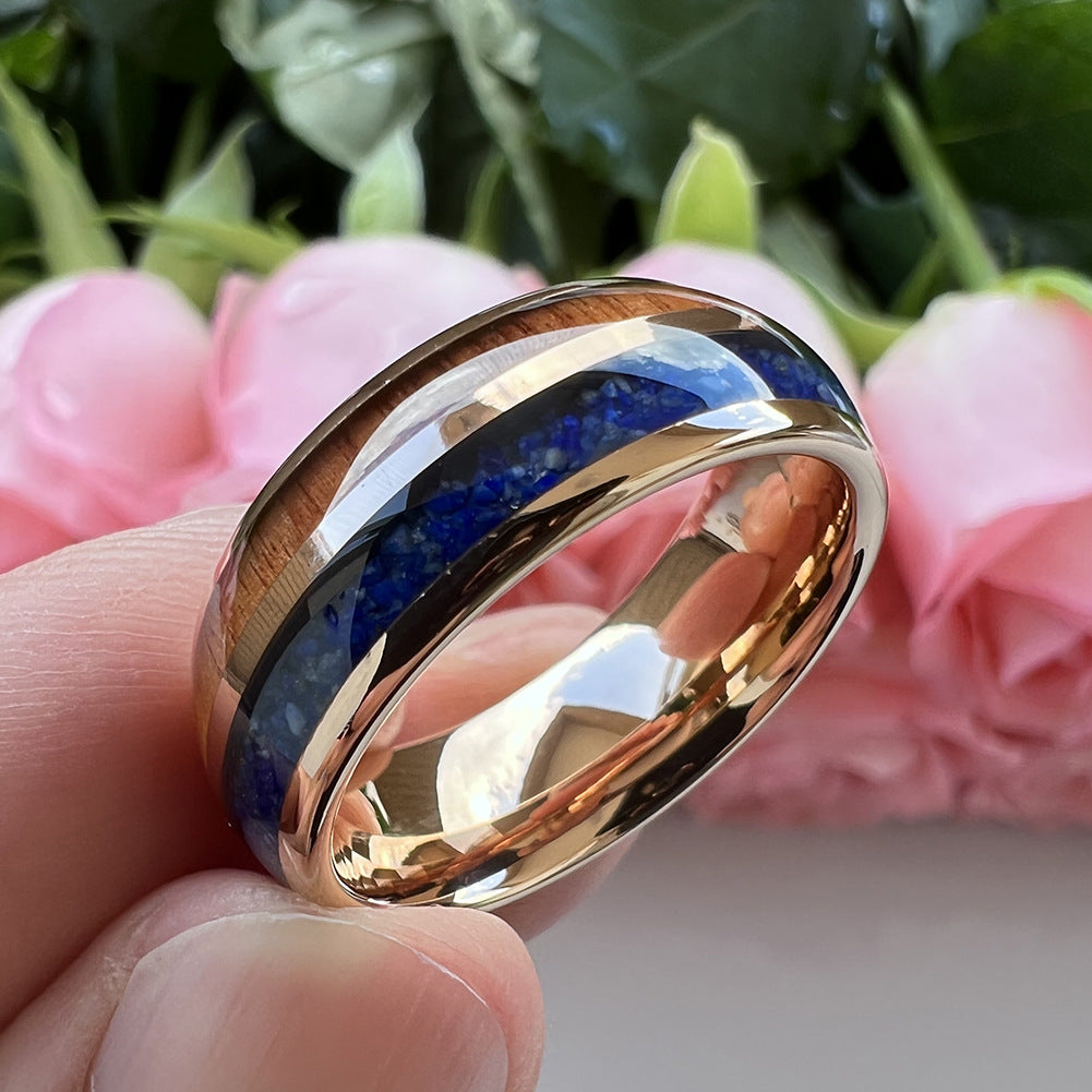 Heritage Architecture Ring - 8mm Rose Gold Tungsten Ring with Dual Grooves Inlay of Lapis Lazuli & Rosewood – Men's Wedding Band