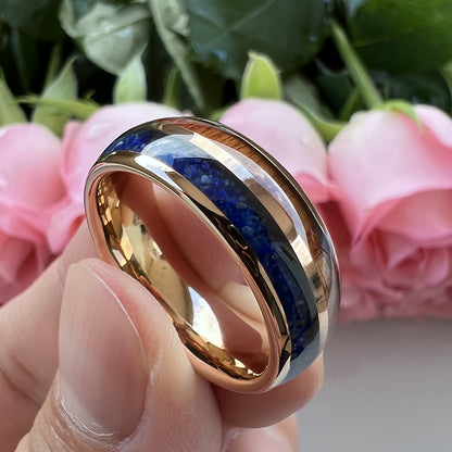 Heritage Architecture Ring - 8mm Rose Gold Tungsten Ring with Dual Grooves Inlay of Lapis Lazuli & Rosewood – Men's Wedding Band