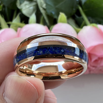 Heritage Architecture Ring - 8mm Rose Gold Tungsten Ring with Dual Grooves Inlay of Lapis Lazuli & Rosewood – Men's Wedding Band