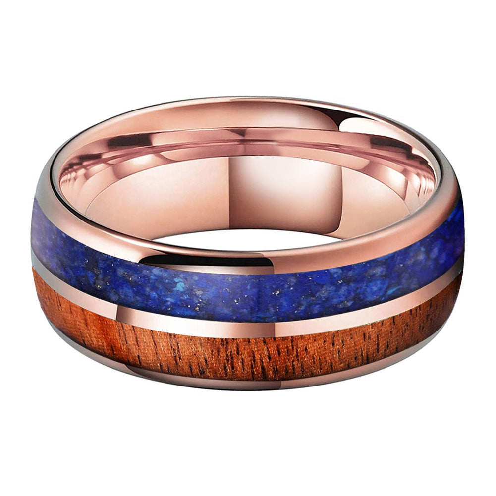 Heritage Architecture Ring - 8mm Rose Gold Tungsten Ring with Dual Grooves Inlay of Lapis Lazuli & Rosewood – Men's Wedding Band