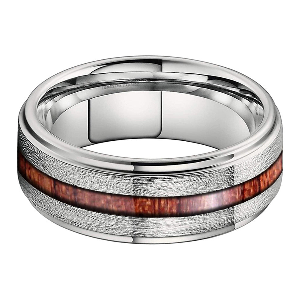 Heritage Architecture Ring - 8mm Platinum Tungsten Ring with Sandstone Finish & Rosewood Inlay – Men's Wedding Band