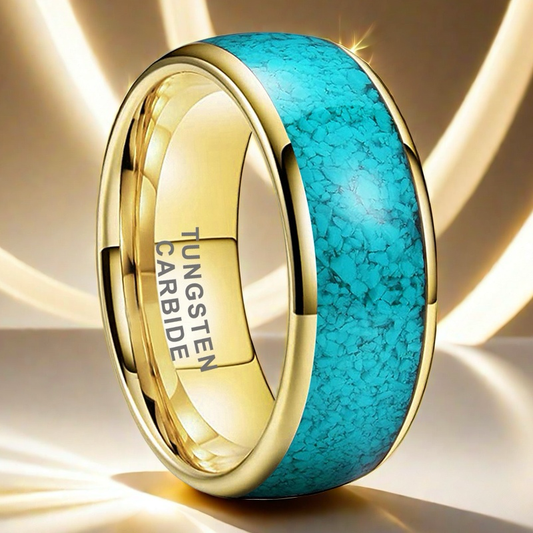 Heritage Architecture Ring - 4/6/8mm 18K Gold-Plated Tungsten Couple Rings with Crushed Turquoise Inlay