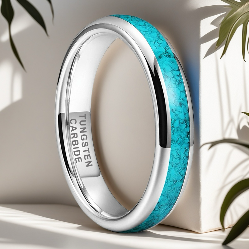 Heritage Architecture Ring - 4/6/8mm Platinum-Plated Tungsten Couple Rings with Crushed Turquoise Inlay