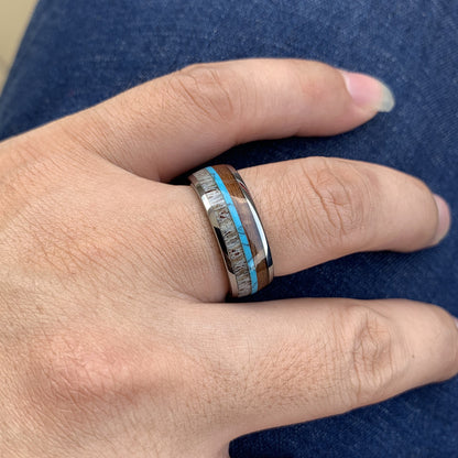 Heritage Architecture Ring - 8mm White Gold-Plated Tungsten Men's Ring with Reclaimed Wood, Deer Antler & Turquoise Inlay