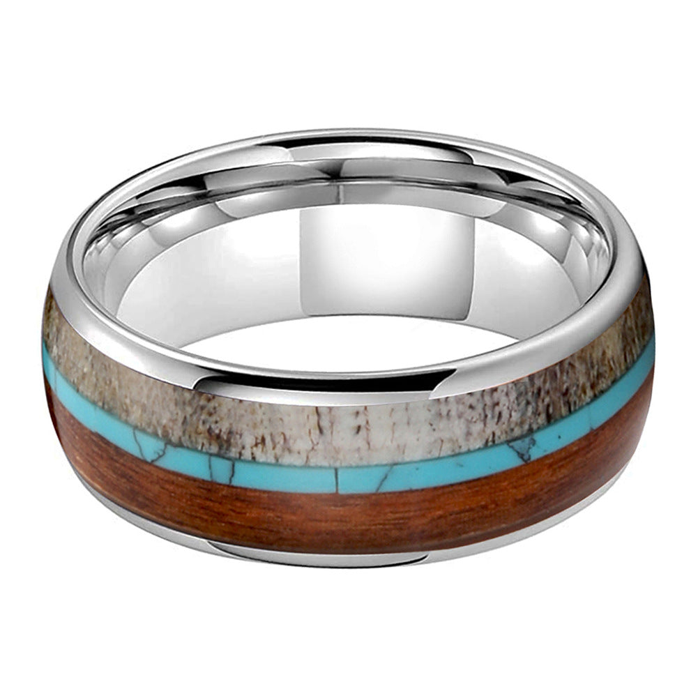 Heritage Architecture Ring - 8mm White Gold-Plated Tungsten Men's Ring with Reclaimed Wood, Deer Antler & Turquoise Inlay