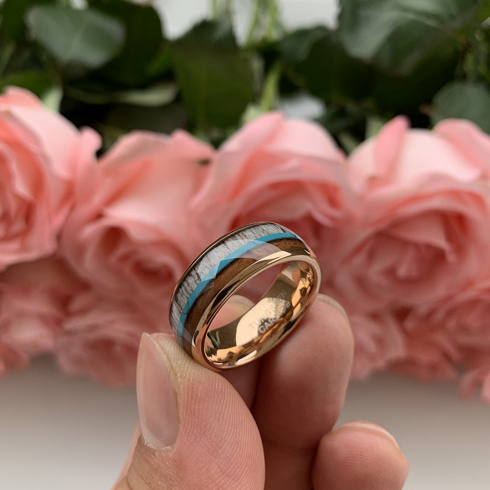 Heritage Architecture Ring - 8mm Rose Gold-Plated Tungsten Men's Ring with Reclaimed Wood, Deer Antler & Turquoise Inlay