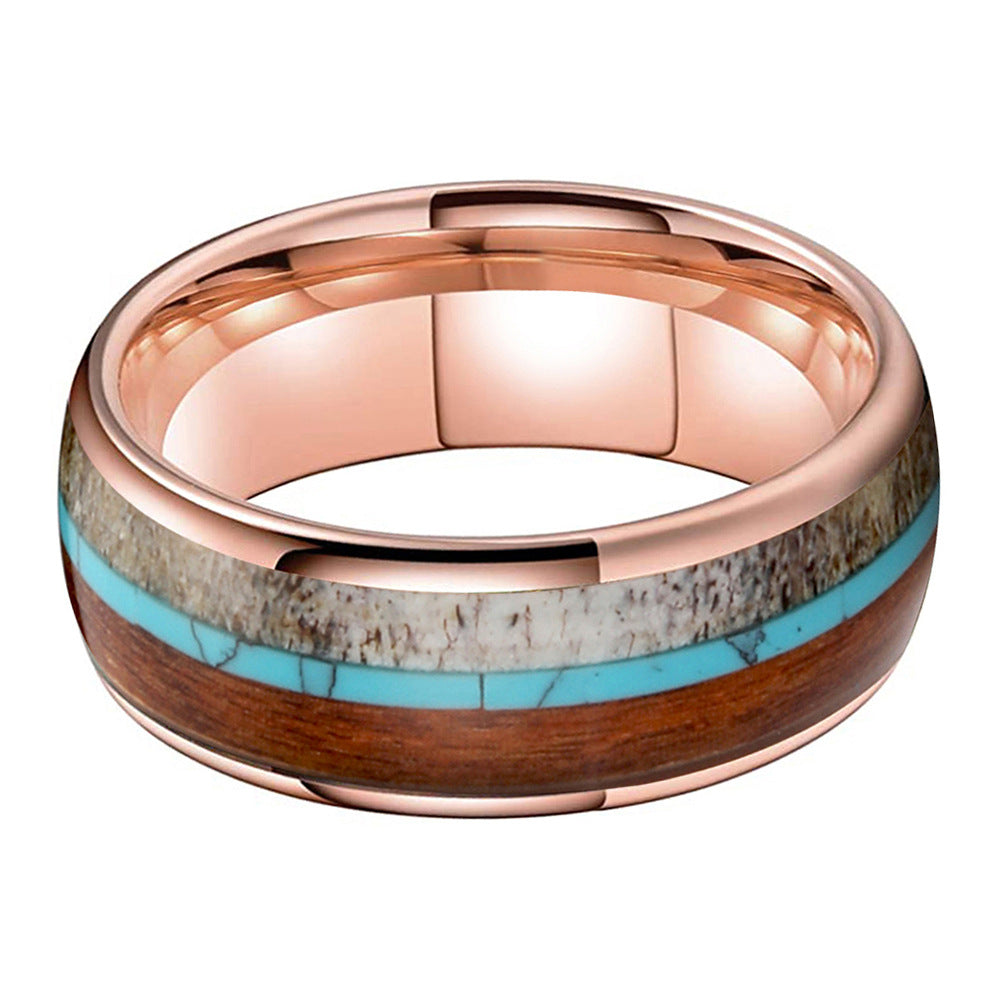 Heritage Architecture Ring - 8mm Rose Gold-Plated Tungsten Men's Ring with Reclaimed Wood, Deer Antler & Turquoise Inlay