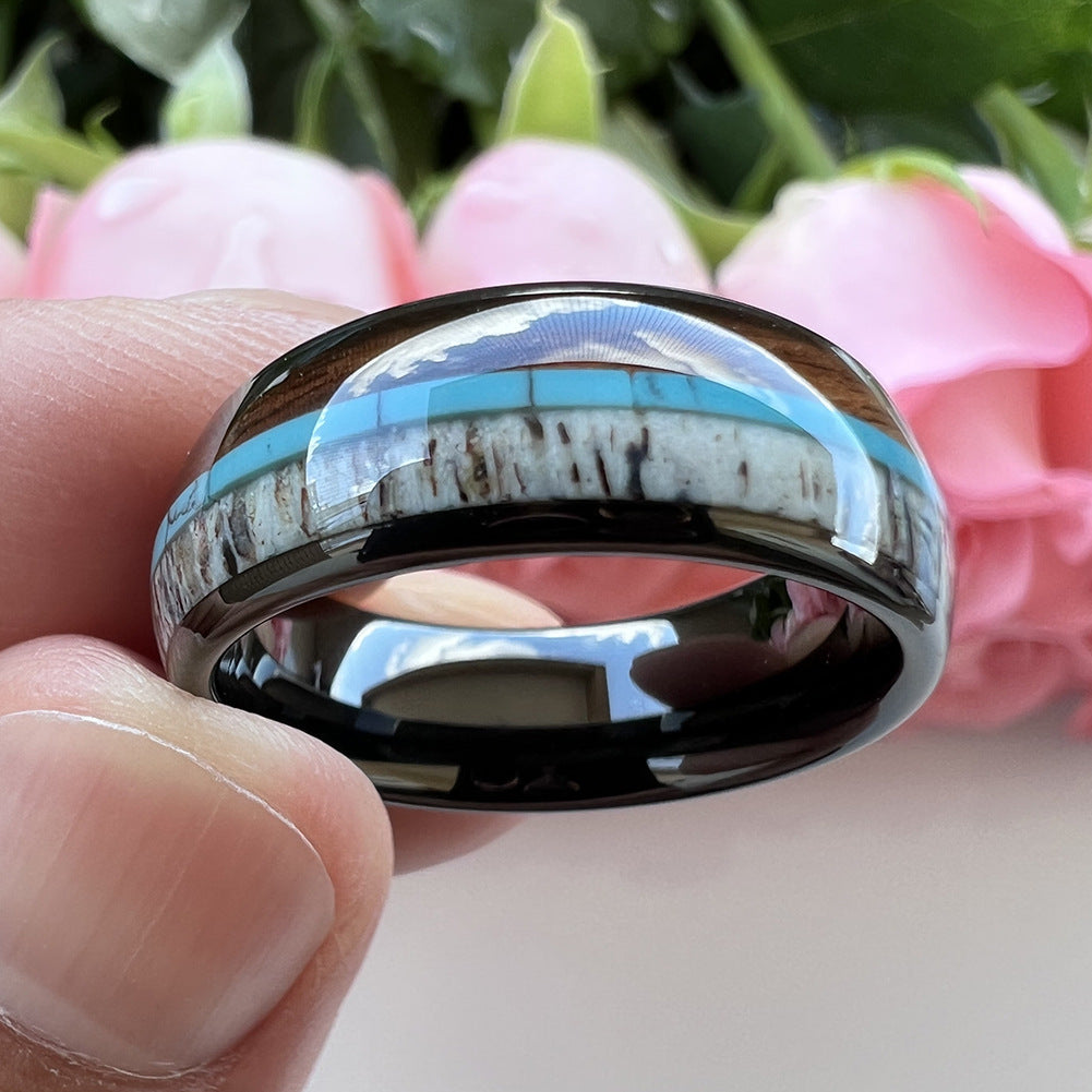 Heritage Architecture Ring - 8mm Black Tungsten Men's Ring with Reclaimed Wood, Deer Antler & Turquoise Inlay