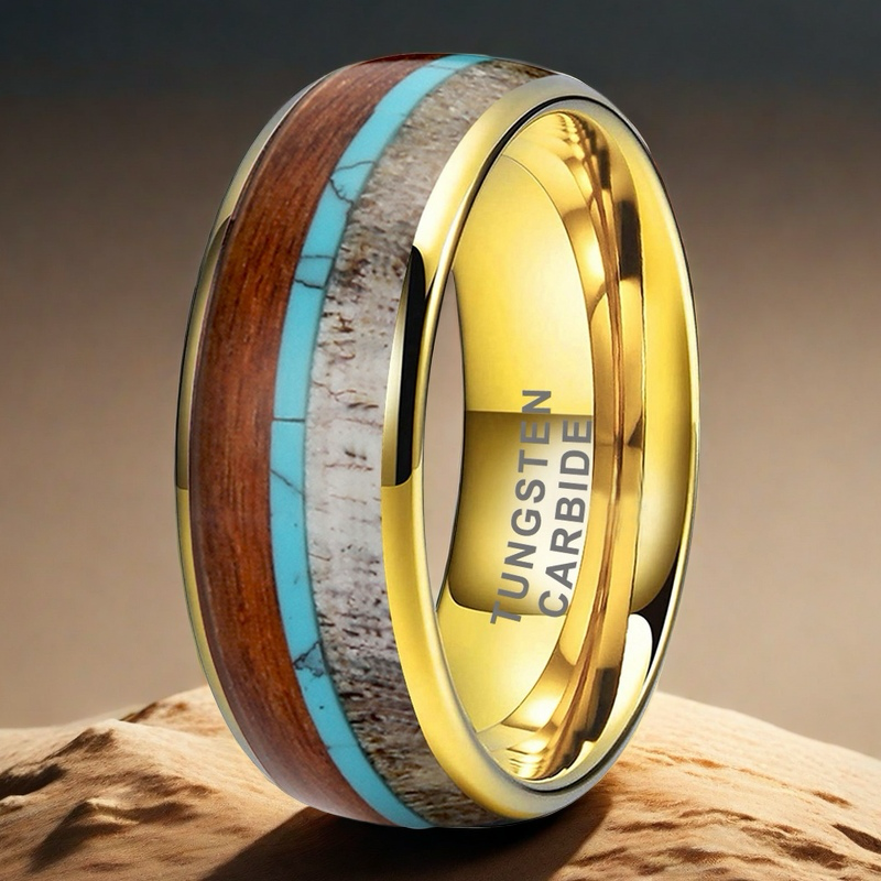 Heritage Architecture Ring - 8mm 18K Gold-Plated Tungsten Men's Ring with Reclaimed Wood, Deer Antler & Turquoise Inlay