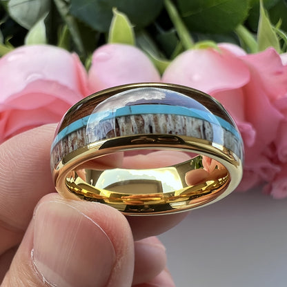 Heritage Architecture Ring - 8mm 18K Gold-Plated Tungsten Men's Ring with Reclaimed Wood, Deer Antler & Turquoise Inlay