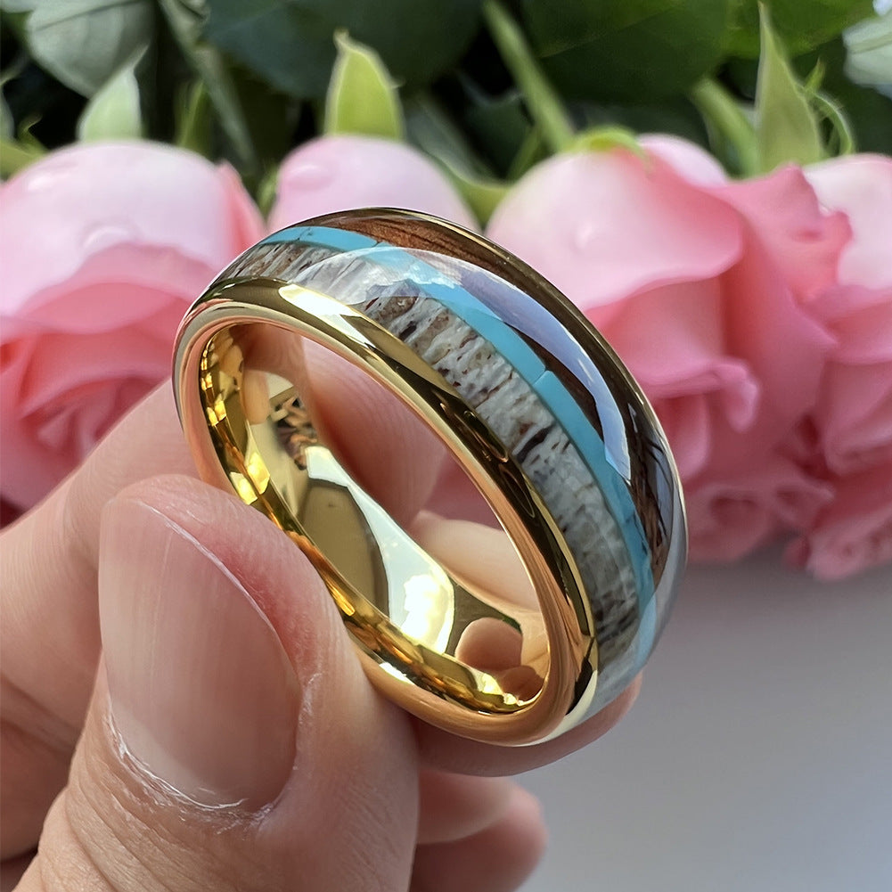 Heritage Architecture Ring - 8mm 18K Gold-Plated Tungsten Men's Ring with Reclaimed Wood, Deer Antler & Turquoise Inlay