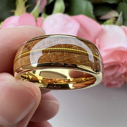 Musical Soul Ring - 8mm 18K Gold-Plated Reclaimed Guitar Wood and String Men's Wedding Band