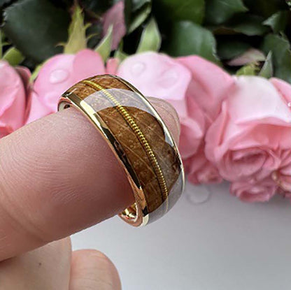 Musical Soul Ring - 8mm 18K Gold-Plated Reclaimed Guitar Wood and String Men's Wedding Band