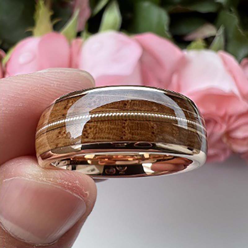 Musical Soul Ring - 8mm Rose Gold-Plated Tungsten Reclaimed Guitar Wood and String Men's Wedding Band