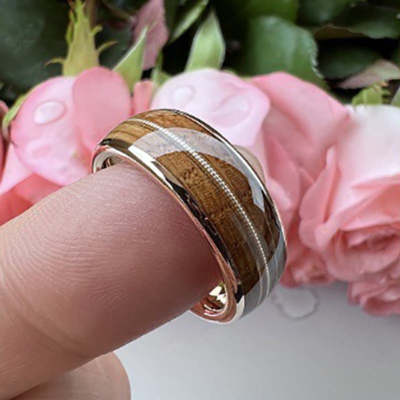 Musical Soul Ring - 8mm Rose Gold-Plated Tungsten Reclaimed Guitar Wood and String Men's Wedding Band