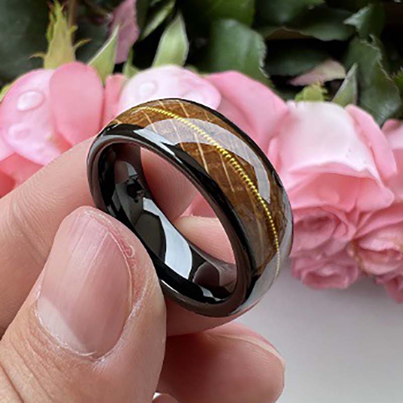 Musical Soul Ring - 8mm Black Tungsten Reclaimed Guitar Wood and String Men's Wedding Band